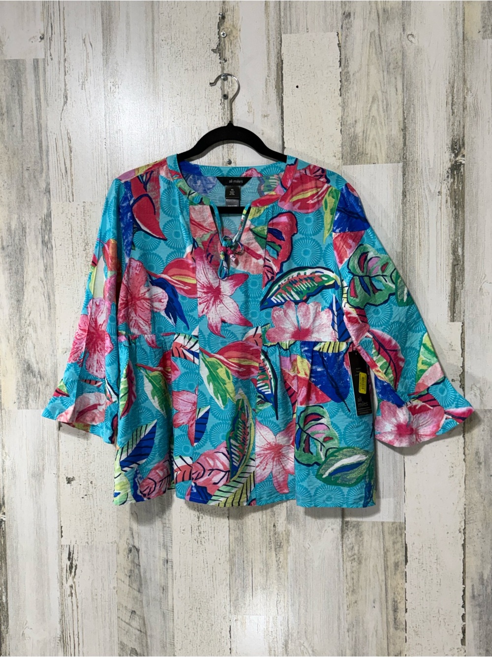 Ali Miles Turquoise Floral Tie-Neck Top Ruffle Sleeves